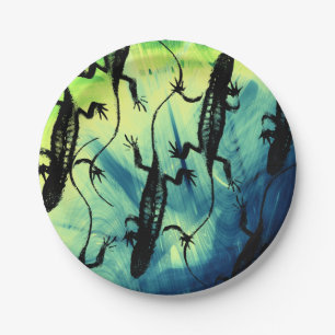 Lizards Black Blue Green Reptile Background Paper Plate