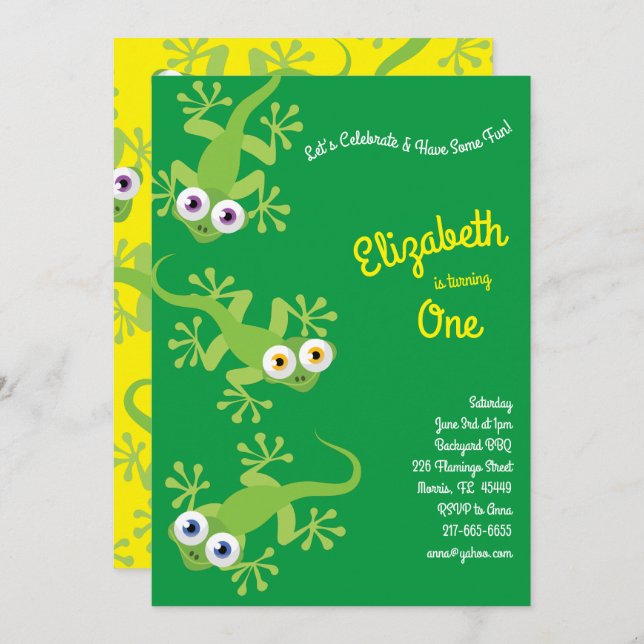 Lizards Geckos Cute Kids 1st Birthday Party Invitation (Front/Back)