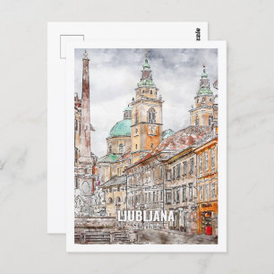 Ljubljana Slovenia Famous Travel Watercolor Sketch Postcard