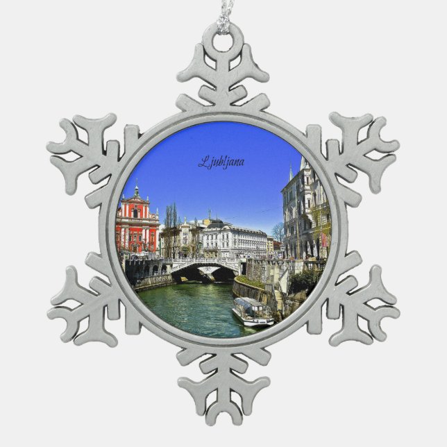 Ljubljana Slovenia Snowflake Pewter Christmas Ornament (Front)