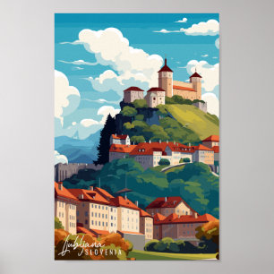 Ljubljana Slovenia vintage travel illustration Poster