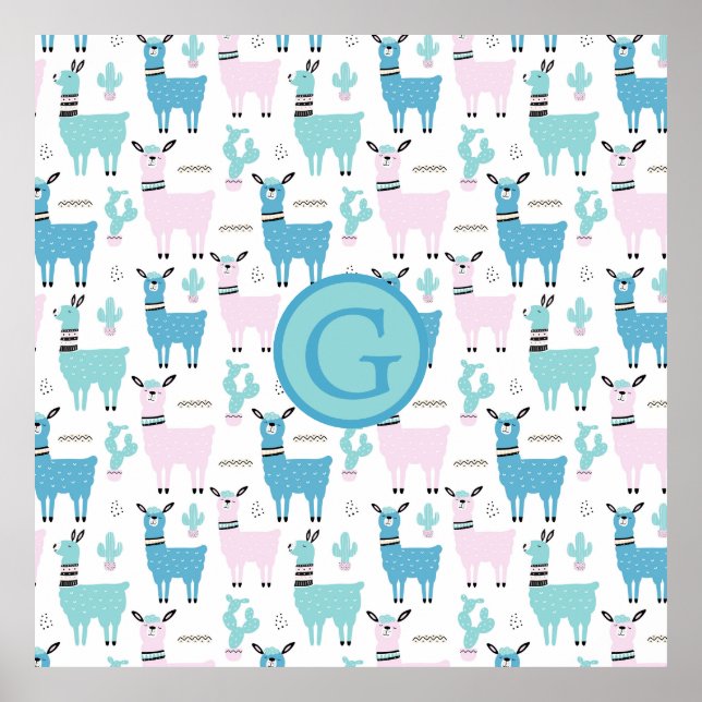 Llama Alapaca Animal Monogram Blue Pink Animals Poster (Front)