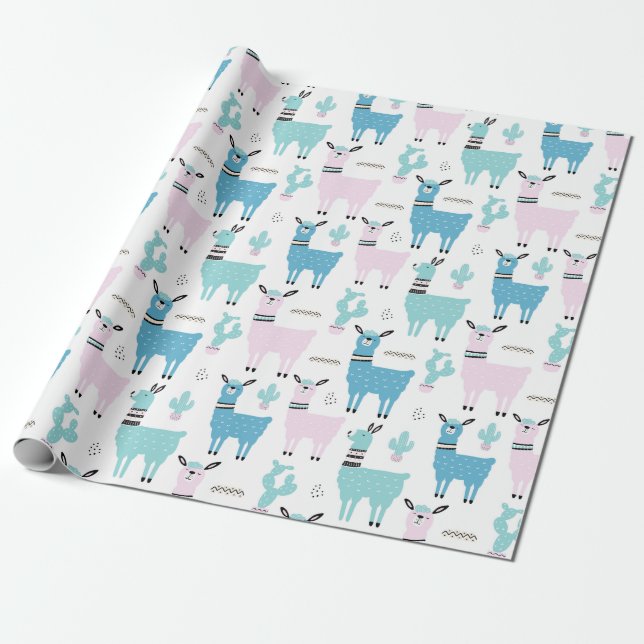Llama Alapaca Blue Pink Baby Shower Birthday Wrapping Paper (Unrolled)