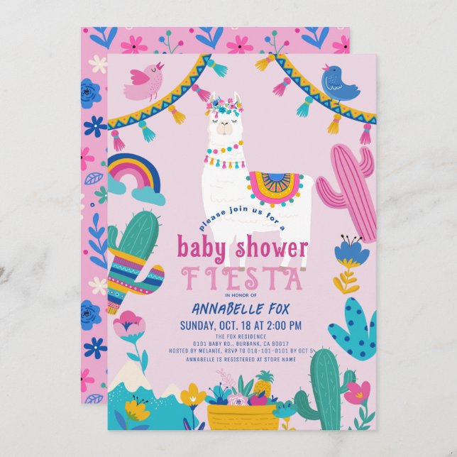 Llama Alpaca Cactus Fiesta Girl Pink Baby Shower Invitation (Front/Back)