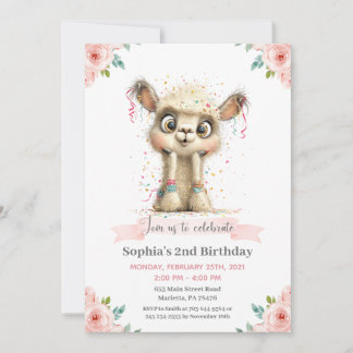 Llama Alpaca Floral Birthday Party Invitation