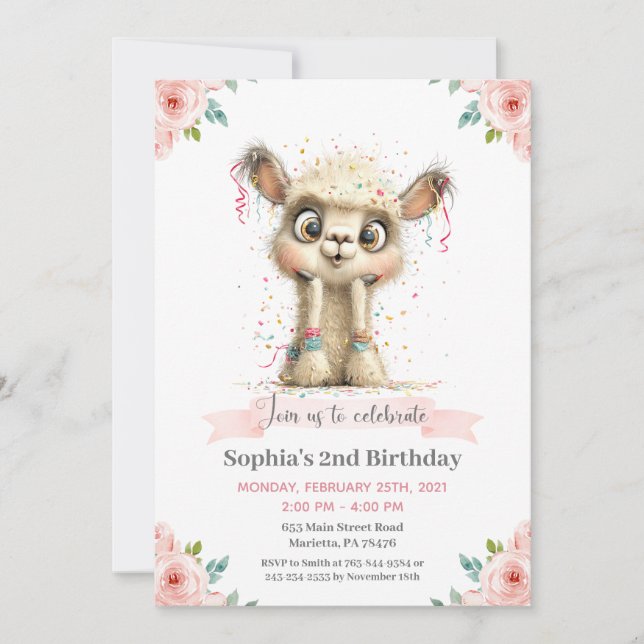 Llama Alpaca Floral Birthday Party Invitation (Front)
