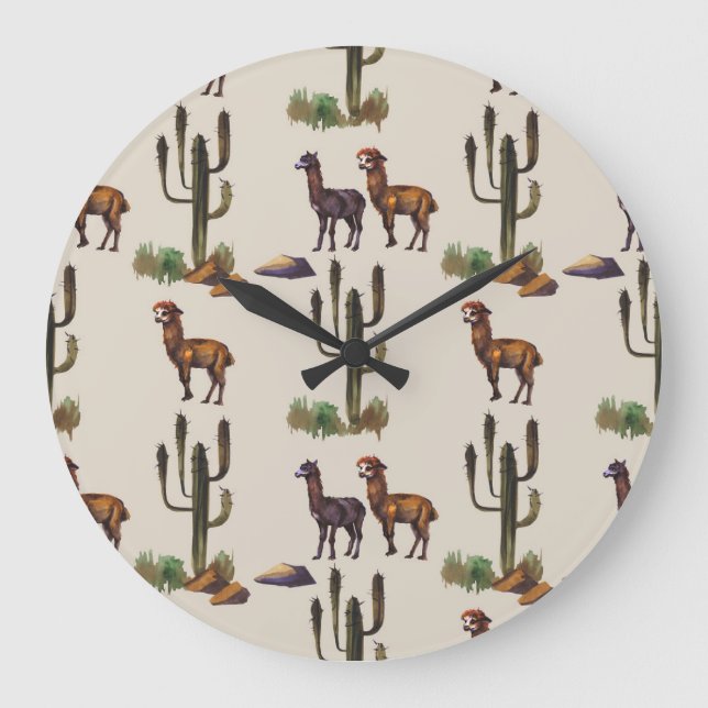 Llama alpaca wildlife, watercolor pattern. large clock (Front)