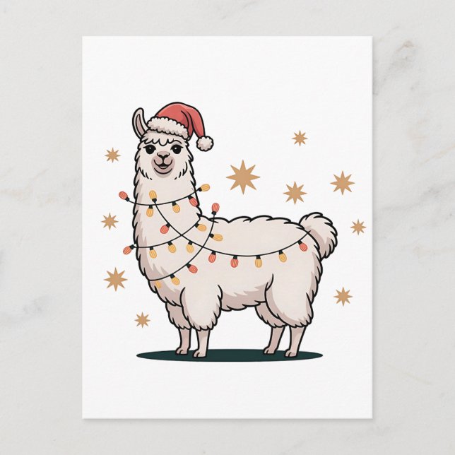 Llama Alpaca With Santa Hat And Christmas Light Announcement Postcard (Front)