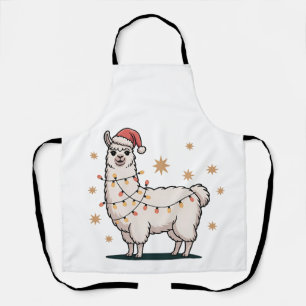 Llama Alpaca With Santa Hat And Christmas Light Apron