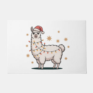 Llama Alpaca With Santa Hat And Christmas Light Doormat