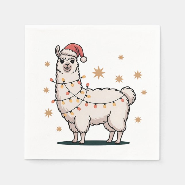 Llama Alpaca With Santa Hat And Christmas Light Napkin (Front)