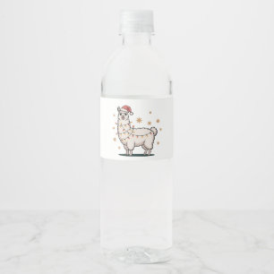 Llama Alpaca With Santa Hat And Christmas Light Water Bottle Label