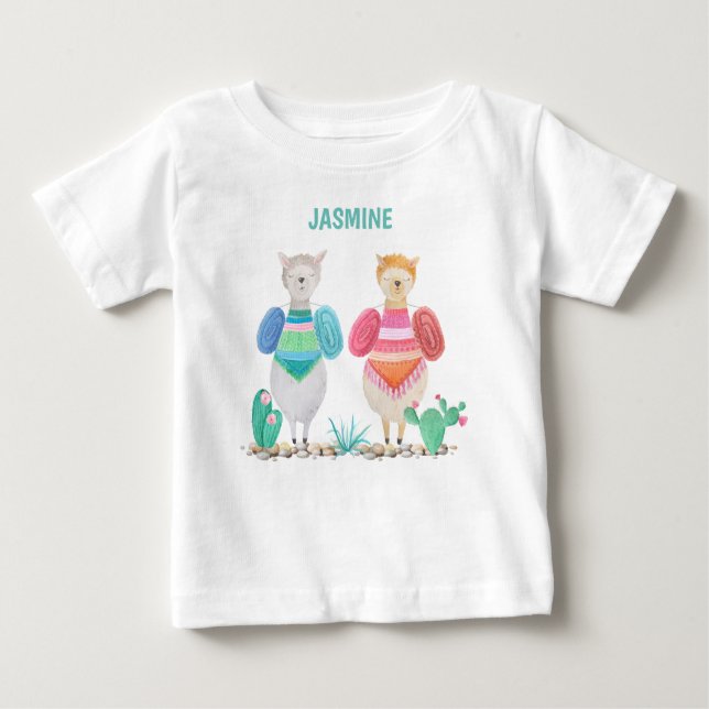 Llama and Cacti Watercolor Personalised Baby T-Shirt (Front)