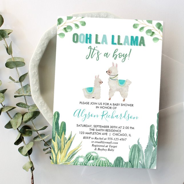 Llama and cactus boy baby shower invitation (Creator Uploaded)