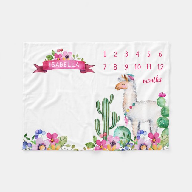 Llama and Cactus Floral Baby Name Milestone Photo Fleece Blanket (Front (Horizontal))