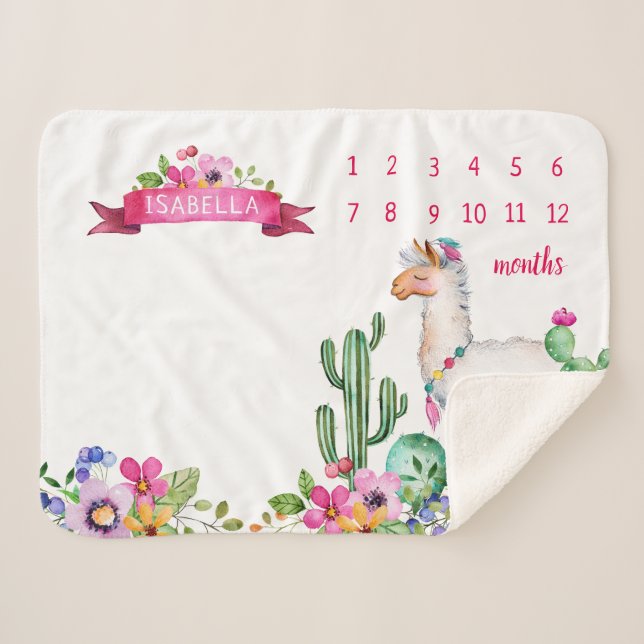 Llama and Cactus Floral Baby Name Milestone Photo Sherpa Blanket (Front (Horizontal))