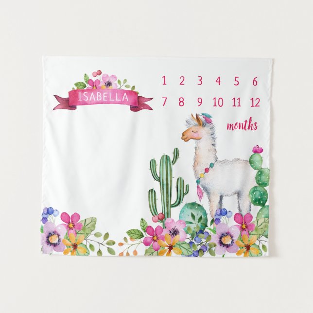 Llama and Cactus Floral Baby Name Milestone Photo Tapestry (Front (Horizontal))