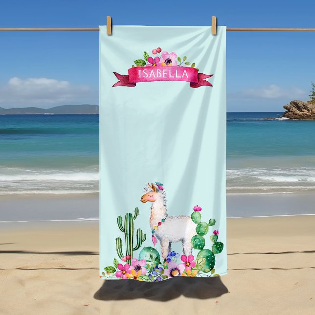 Llama and Cactus Floral Monogrammed Beach Towel (Creator Uploaded)