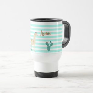 Llama and cactus on green and white stripes travel mug