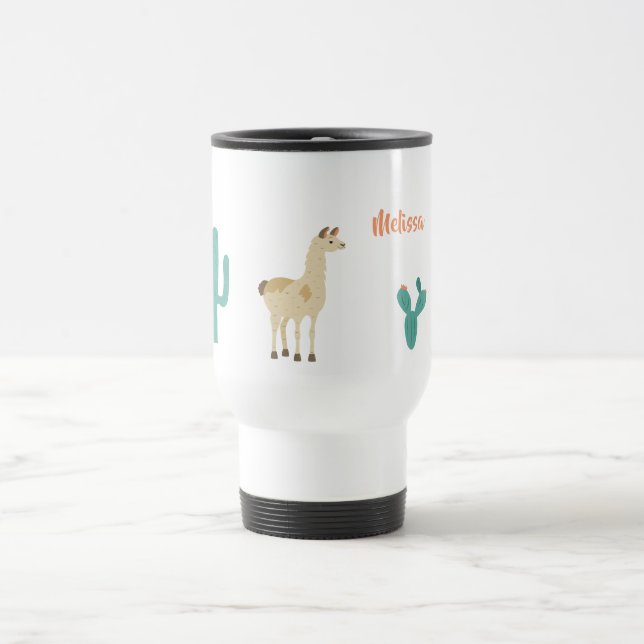 Llama and cactus on white add a name travel mug (Center)
