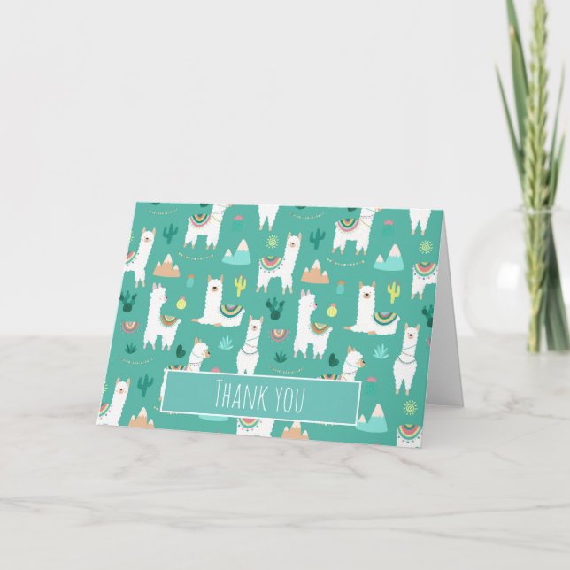 Llama and Cactus Patterned in Green Thank You Card (Front)