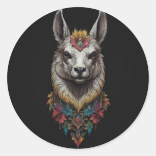 Llama And Flower Portrait, Classic Round Sticker