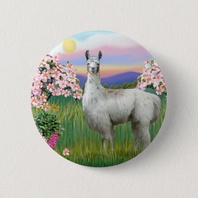 Llama and Spring Blossoms 6 Cm Round Badge (Front)