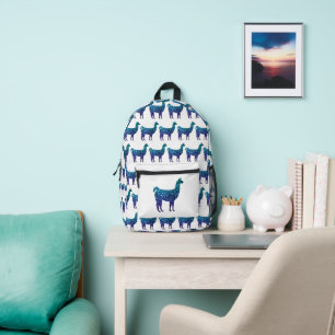 Llama aqua blue ombre sparkles pattern white printed backpack
