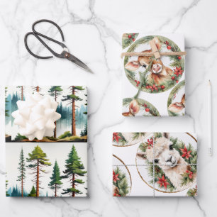 Llama, Baby Deer & Pine Trees, Holiday, Christmas, Wrapping Paper Sheet