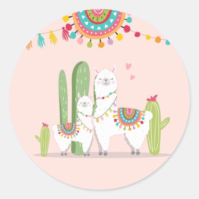 Llama Baby Shower Alpaca Fiesta Mexican Cactus Classic Round Sticker (Front)