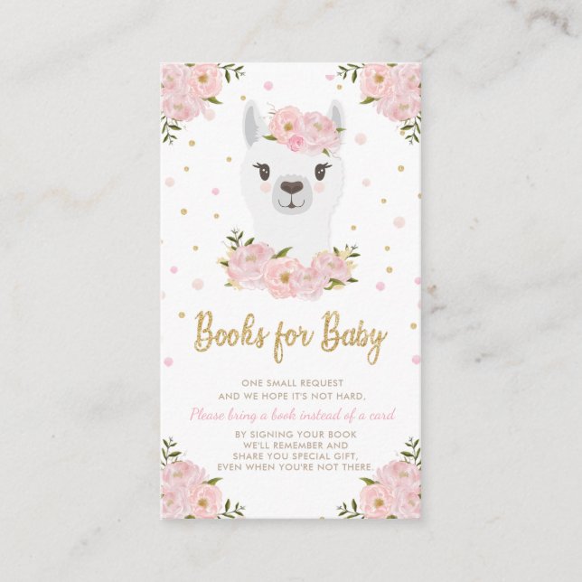 Llama Baby Shower Blush Pink Floral Bring a Book Enclosure Card (Front)