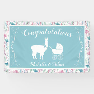 Llama Baby Shower Cute Blue Boy Banner