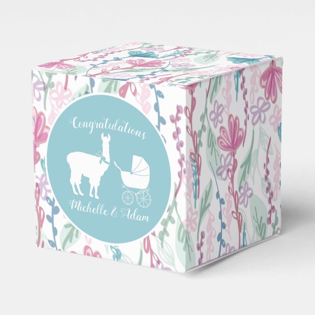 Llama Baby Shower Cute Blue Boy Favour Box (Front Side)