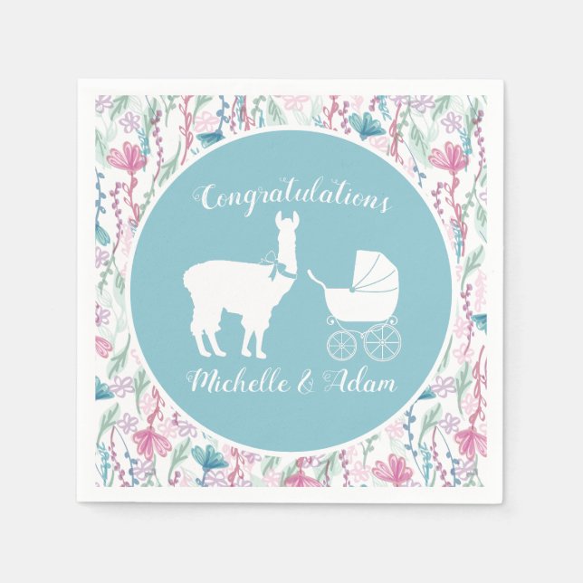 Llama Baby Shower Cute Blue Boy Napkin (Front)