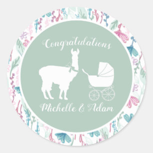 Llama Baby Shower Cute Green Gender Neutral Classic Round Sticker