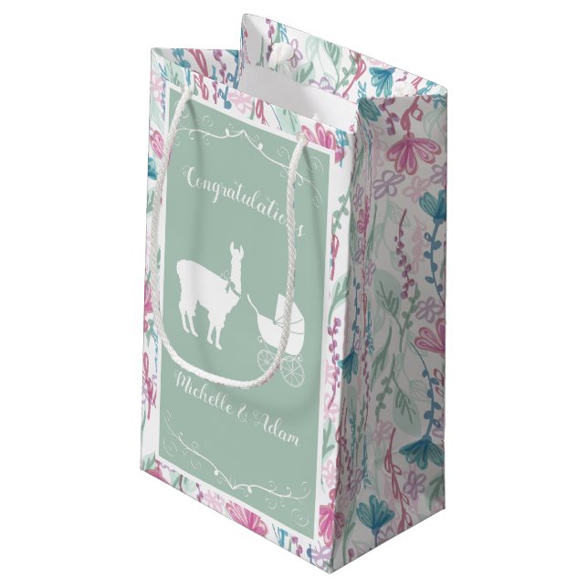 Llama Baby Shower Cute Green Gender Neutral Small Gift Bag (Back Angled)