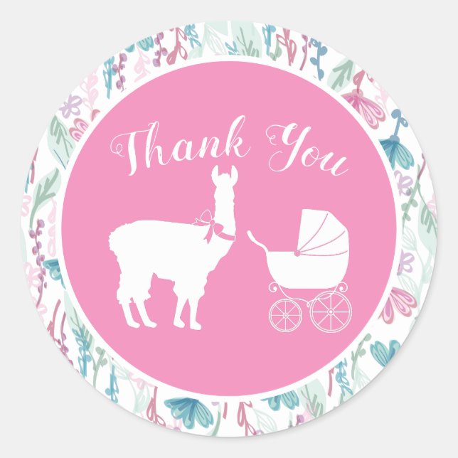 Llama Baby Shower Cute Pink Girl Classic Round Sticker (Front)