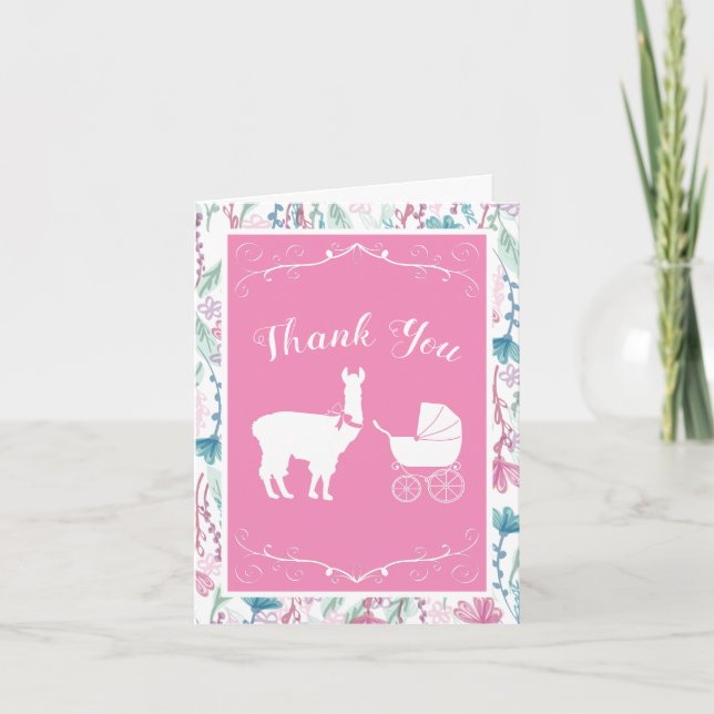 Llama Baby Shower Cute Pink Girl Thank You Card (Front)