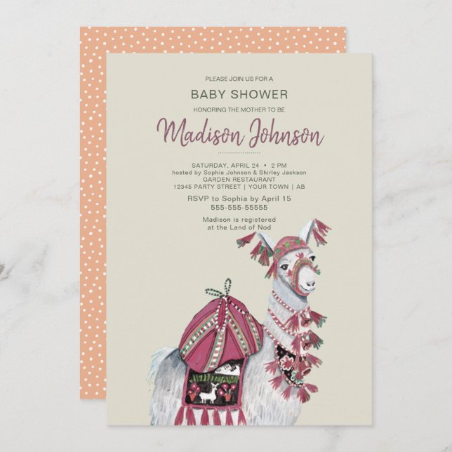 Llama | Baby Shower | Peach | Invitation (Front/Back)