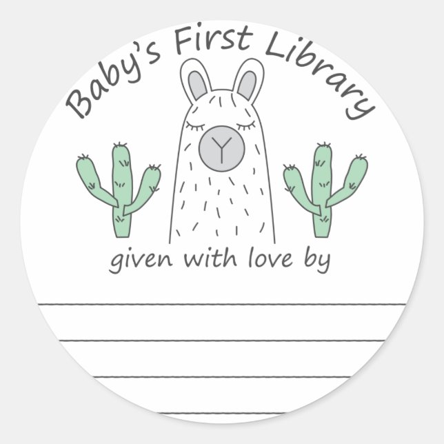 Llama baby's first library bookplate round sticker (Front)