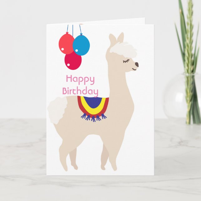 Llama birthday, Birthday Balloons Card (Front)