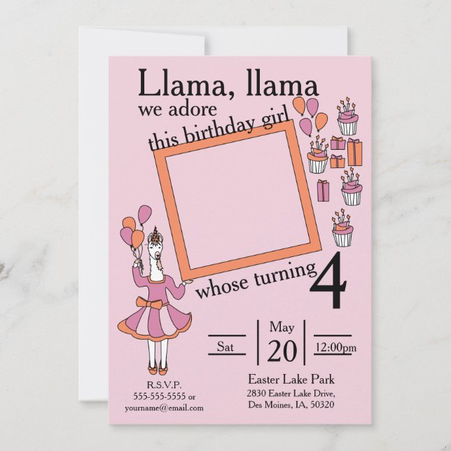 Llama Birthday Girl Invitation (Front)