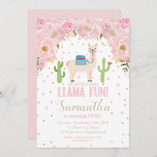 Llama Birthday Invitation Blush Floral Girl (Front/Back)