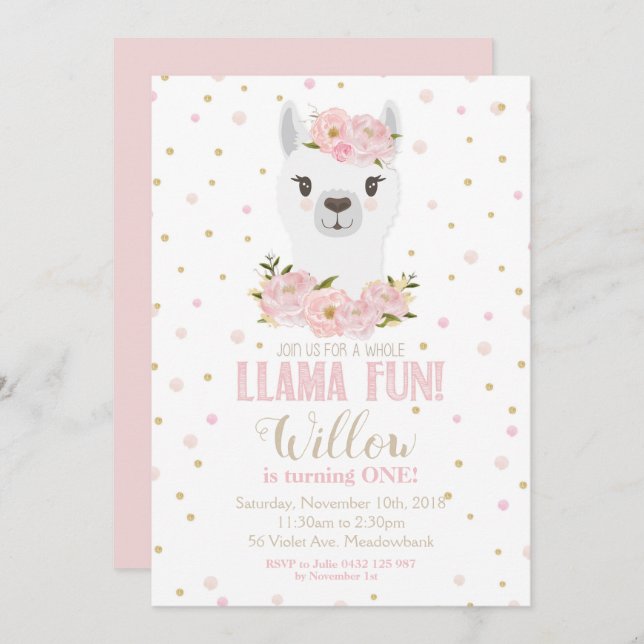 Llama Birthday Invitation Blush Floral Girl (Front/Back)