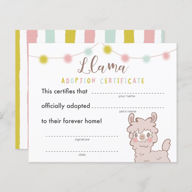 Llama Birthday Party Adoption Certificate (Front/Back)