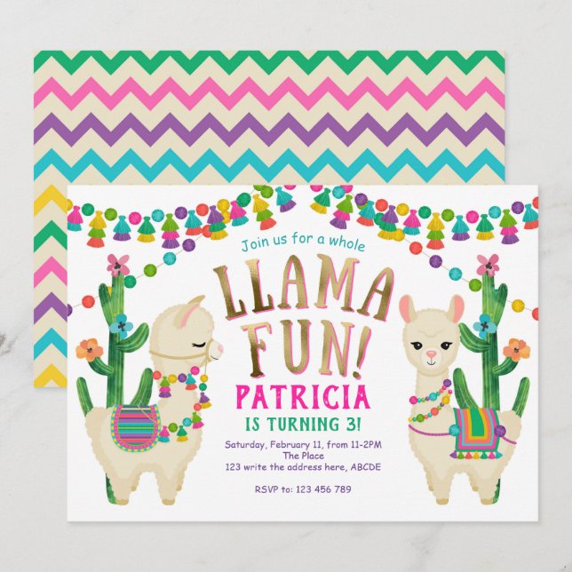 Llama birthday party invitation (Front/Back)