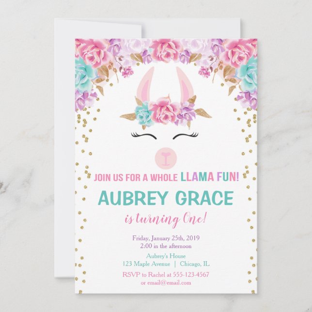 Llama birthday party, pink gold teal floral invitation (Front)