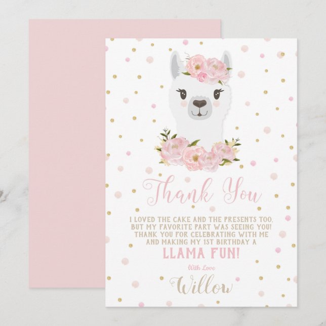 Llama Birthday Thank You Card Blush Floral Girl (Front/Back)