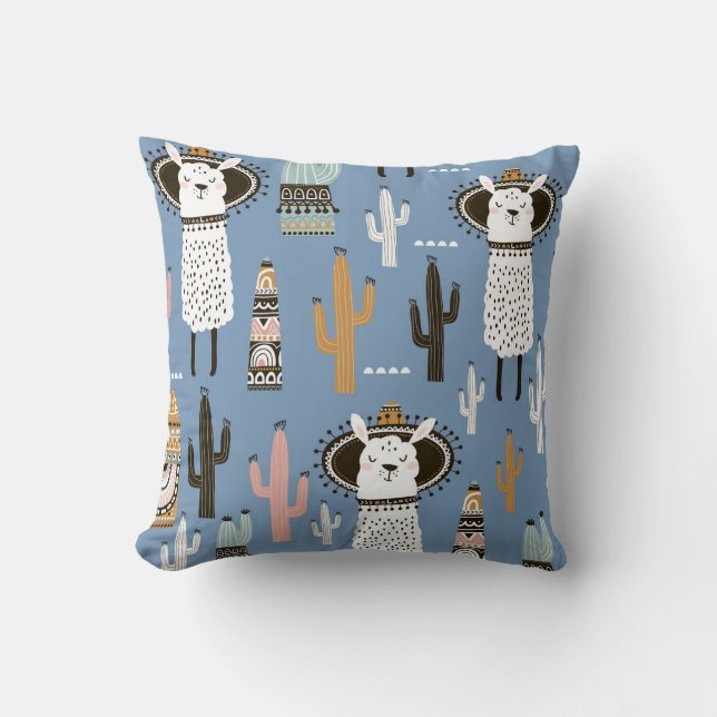 Llama, Cactus, Hand-Drawn Elements Pattern. Cushion (Front)