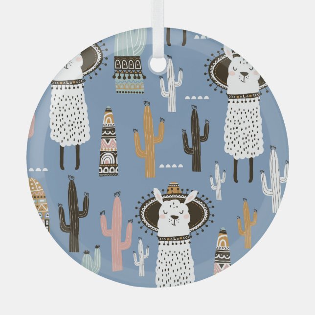 Llama, Cactus, Hand-Drawn Elements Pattern. Glass Tree Decoration (Front)